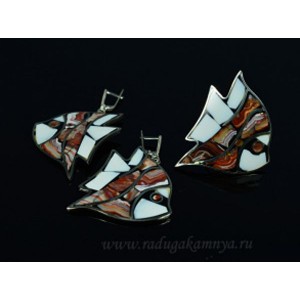 Кольцо и серьги с яшмой и агатом "Рыбка" 38*48мм.