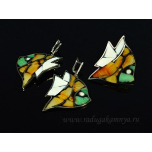 Кольцо и серьги мозаика "Бабочки", агат, кахолонг и хризопраз 37*48мм