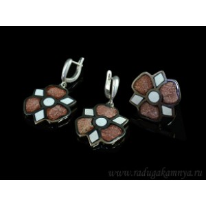 Кольцо и серьги с авантюрином и агатом "Лютик" 24*25мм