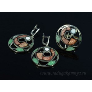 Кольцо и серьги мозаика круг, авантюрин и кахолонг, 31мм.