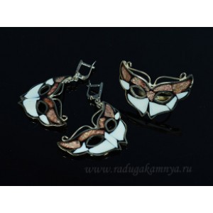 Кольцо и серьги мозаика "Маски" авантюрин и кахолонг