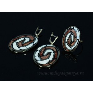 Кольцо и серьги с авантюрином и кахолонгом "Спирали"