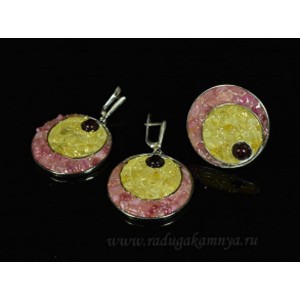 Кольцо и серьги мозаика круг из гелиодора, турмалина и граната, 31мм
