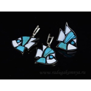 Кольцо и серьги мозаика "Рыбки" из бирюзы и кахолонга, 26*33мм