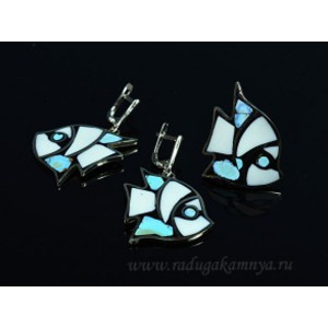 Кольцо и серьги мозаика "Рыбки", бирюза и кахолонг 27*32мм