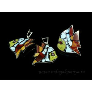 Кольцо и серьги мозаика "Рыбки", яшма, бирюза и лизардит 36*47мм
