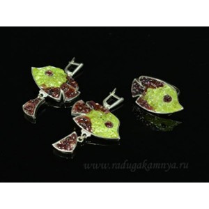 Кольцо и серьги мозаика "Рыбки" из хризолита и граната
