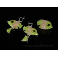 Кольцо и серьги мозаика "Рыбки" из хризолита, турмалина и граната