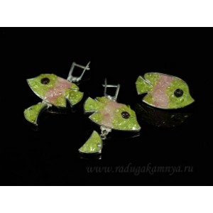 Кольцо и серьги мозаика "Рыбки" из хризолита, турмалина и граната