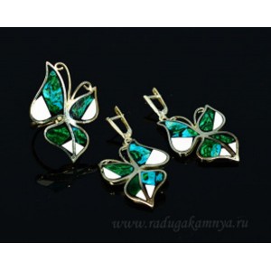 Кольцо и серьги с хризоколлой и кахолонгом "Бабочки", 27*38мм.