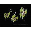 Кольцо и серьги с хризолитом и кахолонгом "Бабочки"