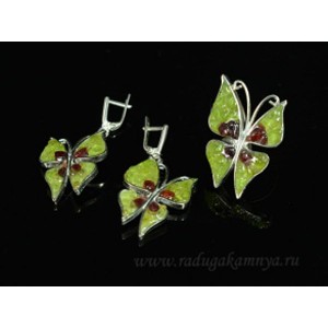 Кольцо и серьги с хризолитом и кахолонгом "Бабочки"