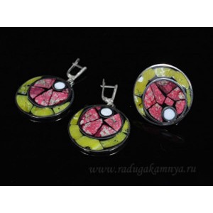Кольцо и серьги мозаика круг из роденгита, лизардита и кахолонга, 31мм