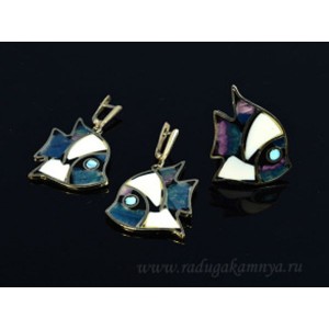 Кольцо и серьги с флюоритом и кахолонгом "Рыбки" 28*32мм.