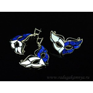 Кольцо и серьги мозаика "Маски" лазурит и кахолонг