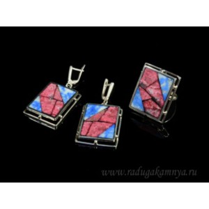 Кольцо и серьги мозаика "Прямоугольники" роденгита и лазурита