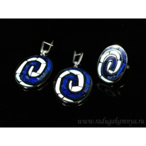 Кольцо и серьги мозаика "Спирали" из лазурита и кахолонга