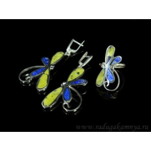 Кольцо и серьги мозаика "Стрекозы" из лизардита и лазурита Кольцо и серьги мозаика "Стрекозы" из лизардита и лазурита
