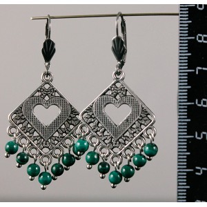 Серьги малахит шарик 4мм, коннектор "сердце в ромбе"