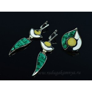 Кольцо и серьги мозаика "Медузы" малахит, кахолонг и янтарь