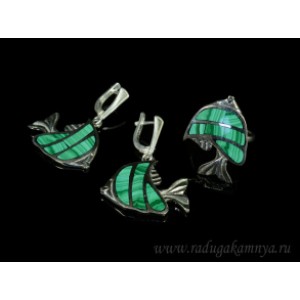 Кольцо и серьги с малахитом "Рыбка" 27*мм