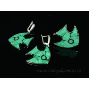 Кольцо и серьги с малахитом "Рыбка" 28*33мм