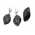 Кольцо и серьги обсидиан " Листик "