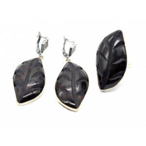 Кольцо и серьги обсидиан " Листик "