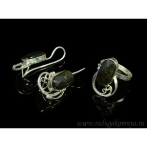 Кольцо и серьги обсидиан в посеребрении