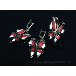 Кольцо и серьги мозаика родонит и кахолонг "Бабочки", 23*38мм
