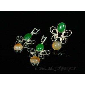 Кольцо и серьги из сердолика и хризопраза, 35*45мм