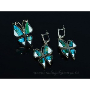 Кольцо и серьги мозаика хризоколла и кахолонг "Бабочки", 25*35мм