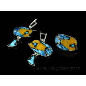 Кольцо и серьги мозаика "Рыбки" симбирцит и хризоколла