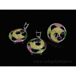 Кольцо и серьги мозаика круг, гелиодор, турмалин, хризолит и гранат, 31мм