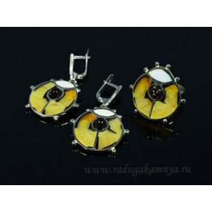 Кольцо и серьги мозаика "Божья коровка" янтарь, кахолонг и обсидиан, 26*26мм