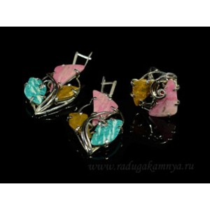 Кольцо и серьги из родонита, амазонита и яшмы