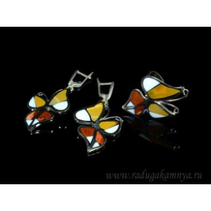 Кольцо и серьги мозаика "Бабочки" с яшмой и кахолонгом