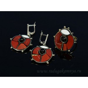 Кольцо и серьги "Божья коровка" яшма и кахолонг 26*25мм.