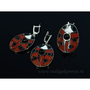 Кольцо и серьги "Божья коровка" яшма, кахолонг и обсидиан 27*38мм.
