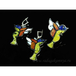 Кольцо и серьги мозаика "Колибри" яшма, лазурит, лизардит и кахолонг, 32*40мм.