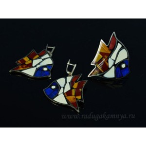 Кольцо и серьги "Рыбки" яшма мукаит, кахолонг и лазурит 36*46мм. Кольцо и серьги "Рыбки" яшма мукаит, кахолонг и лазурит 36*46мм.