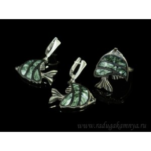 Кольцо и серьги с серафинитом "Рыбка" 27*мм