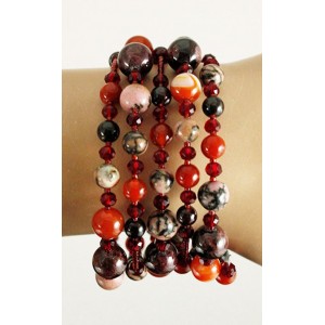 Браслет гранат, сердолик, родонит на струнке, 5-6 оборотов, шарик 9, 8, 6мм