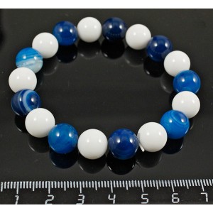 Браслет из агата синего (тонировка) и агата белого (иск.), шарик 10мм