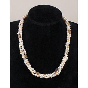 Бусы из жемчуга барокко с листиками серебристыми из перламутра, жгут 3 нити, цвет белый, кремовый, микс