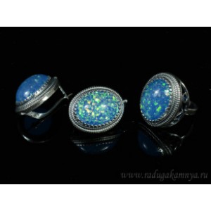 Кольцо и серьги с опалом искусственным, цвет голубой