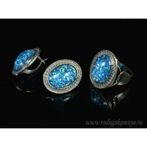 Кольцо и серьги с опалом искусственным, цвет голубой