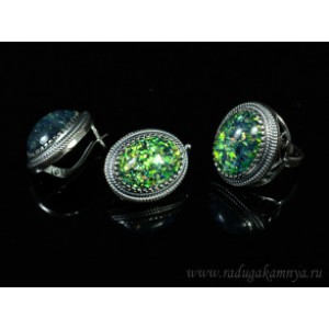 Кольцо и серьги с опалом искусственным, цвет зеленый