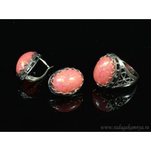 Кольцо и серьги с опалом искусственным, цвет коралловый