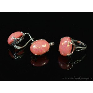 Кольцо и серьги с опалом искусственным, цвет коралловый